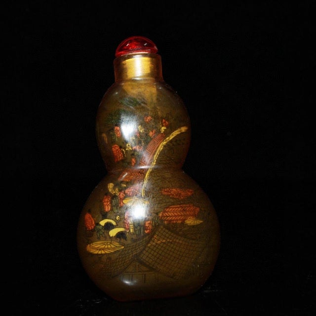Mid 20th Century Hand-Painted Interior Glass Snuff Bottle, Gourd Shape, Qingming Riverside Scene, Asian Decor Accent For Sale In Los Angeles - Image 6 of 9