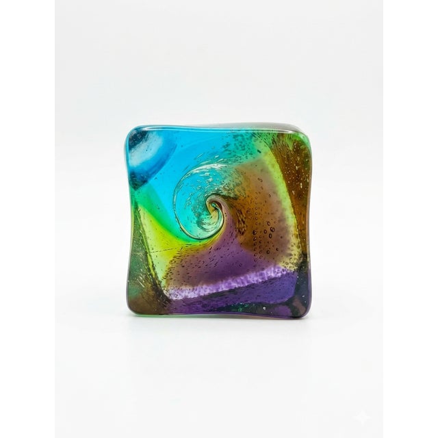 A captivating, substantial original hand-blown studio art glass cube sculpture by renowned Southwest glass artisan George...