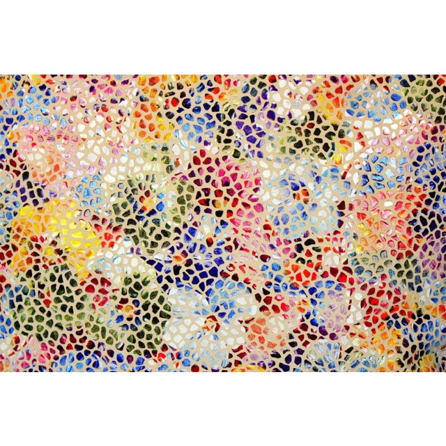 Dazzle your eyes with this exciting colored play of bold forms and intricate details on a beige natural suede goatskin. Be...