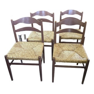French Country Mid Century Dining Chairs With Rush Seats For Sale