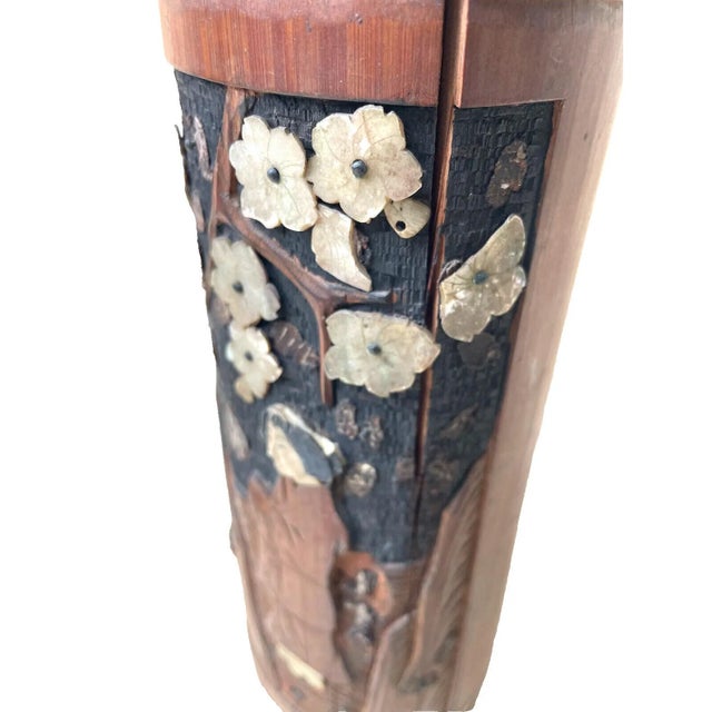 Wood Japanese Shibayama-Style Inlaid Wooden Vase, Figural Scene, Meiji / Taishō Style For Sale - Image 7 of 10