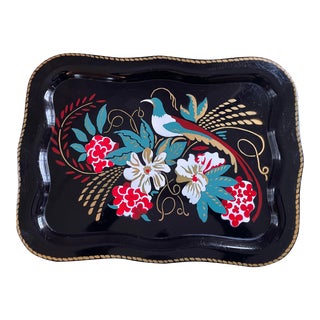 Vintage English Tole Hand-Painted Rectangular Tray With Botanical & Bird Pattern For Sale