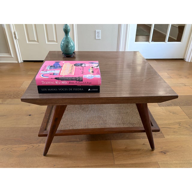 Wood Imperial Furniture Mid-Century Modern Walnut Coffee Table With Woven Cane Shelf For Sale - Image 7 of 14