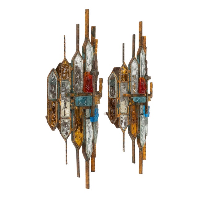 Mid-Century Sconces in Iron and Hammered Glass attributed to Longobard, Italy, 1970s, Set of 2 For Sale