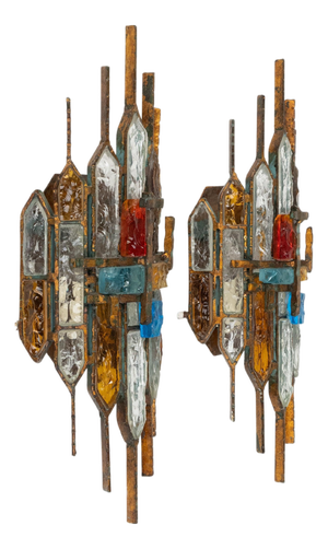 Mid-Century Sconces in Iron and Hammered Glass attributed to Longobard, Italy, 1970s, Set of 2
