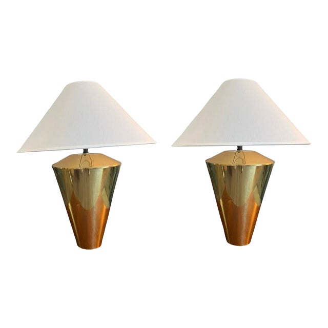 Rare Pair Solid Brass Cone Cylinder v Shaped Table Lamps – Mid Century Modern 1970s New Shades Set of 2 For Sale