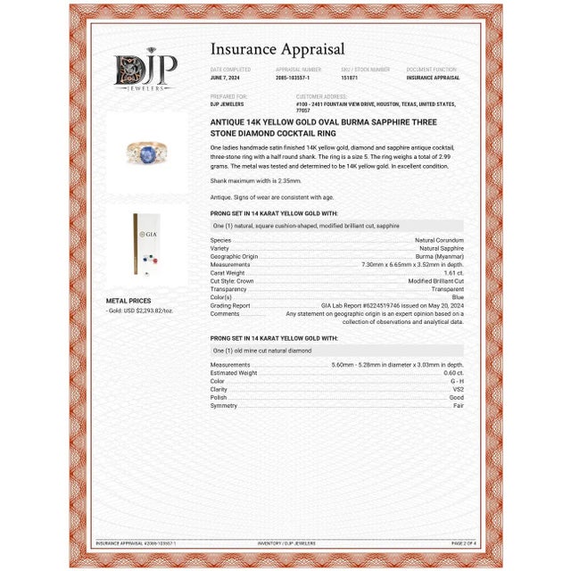 Metal Antique 14k Yellow Gold Oval Burma Sapphire Three Stone Diamond Cocktail Ring Size 5 For Sale - Image 7 of 9