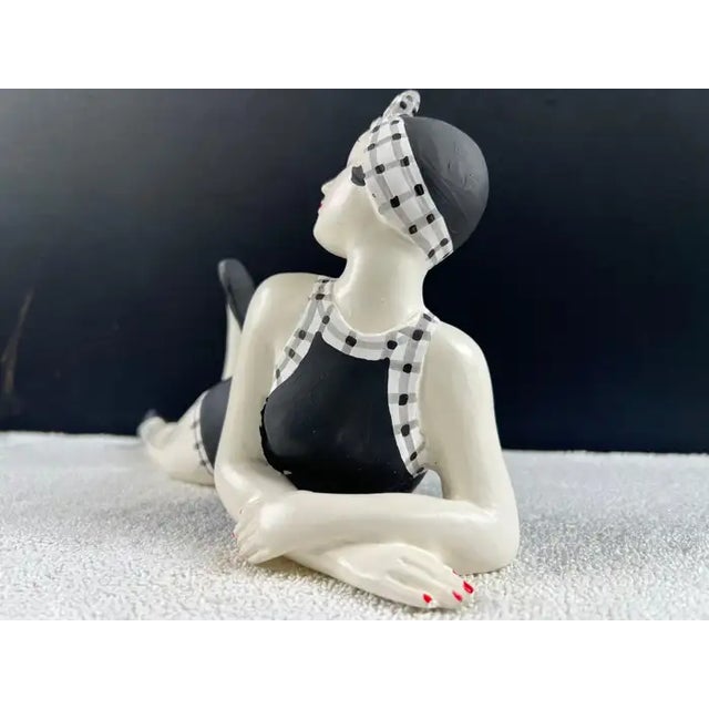 French Style Bathing Beauty Resin Figurine in Black & White Gingham Swimsuit For Sale - Image 14 of 18