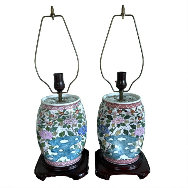 Mid 20th Century Pair of Asian Floral Motif Pottery Lamps For Sale