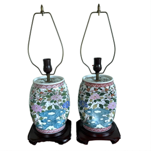Mid 20th Century Pair of Asian Floral Motif Pottery Lamps