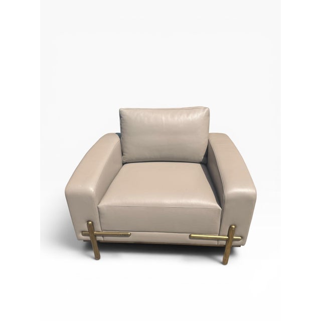 Theodore Alexander Theodore Alexander Contemporary Taupe Leather Lounge Chair With Brass Accents For Sale - Image 4 of 16