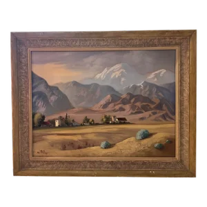 1960s Landscape With Mountain Village Painting