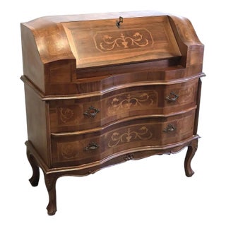 Italian Bombe Walnut Marquetry Secretary Desk, Circa 1950s For Sale
