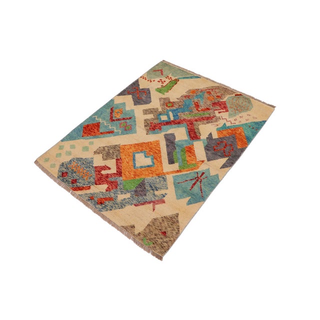 Shabby Chic Shabby Chic Balochi Beige/Blue Wool Rug - 3'6''x5'1'' For Sale - Image 3 of 11