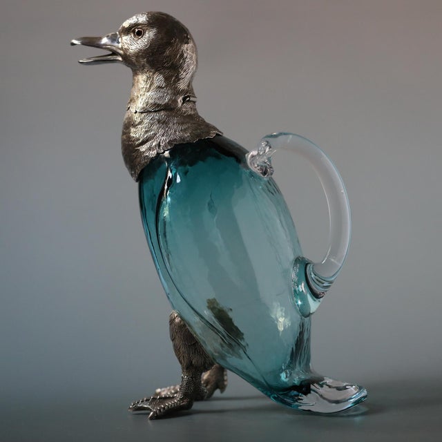 19th Century French Zoomorphic Duck Ewer in Blue Handblown Glass and Mixed Metal For Sale - Image 4 of 17