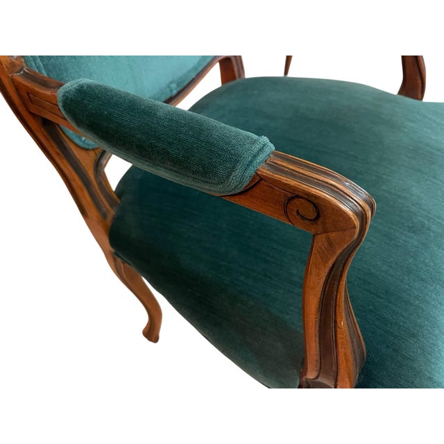 Louis XV Style Carved Walnut Armchairs in Emerald Velvet, a Pair For Sale - Image 9 of 12