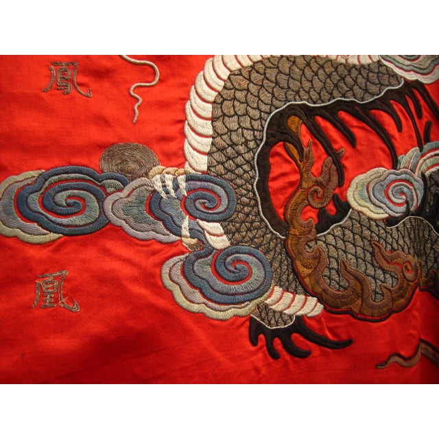Red Silk Chinese Embroidery of a Dragon 19 Century For Sale - Image 4 of 15