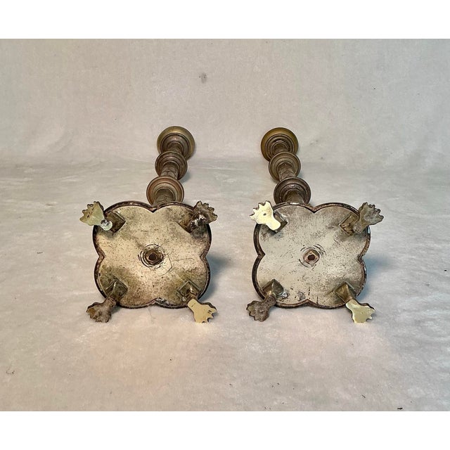 Late 18th Century Pair Antique Decorated 29" Tall Solid Brass Floor Candle Stands Candlesticks Candle Holders, Circa 18th-19th Century For Sale - Image 5 of 12