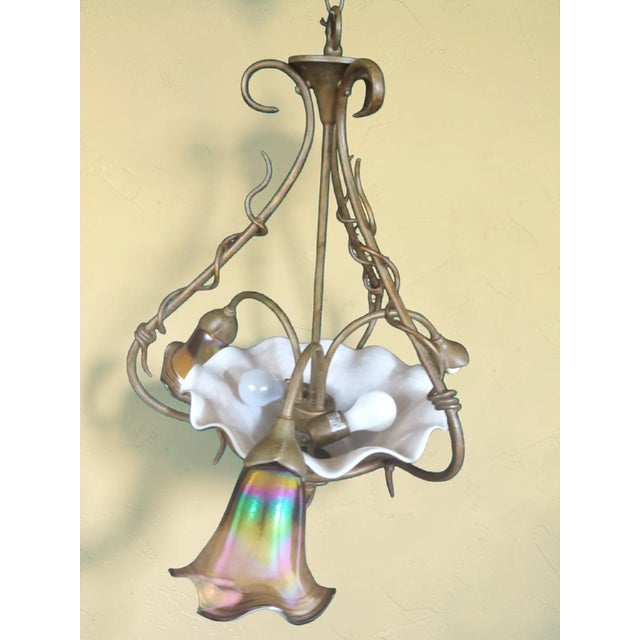 Art Nouveau Iridescent Glass Chandelier With Three Matching Sconces by Quoizel (Signed) For Sale - Image 6 of 14