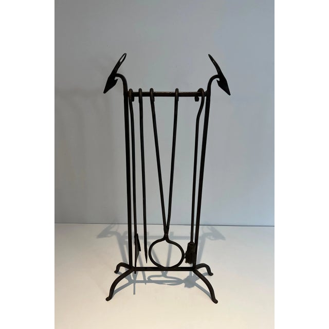 1940s Wrought Iron Deerheads Fireplace Tools - 5 Pieces For Sale - Image 5 of 13