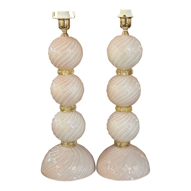 Pair of Modern Murano Glass Ball Form Lamps in Pearl Pink and Gold For Sale