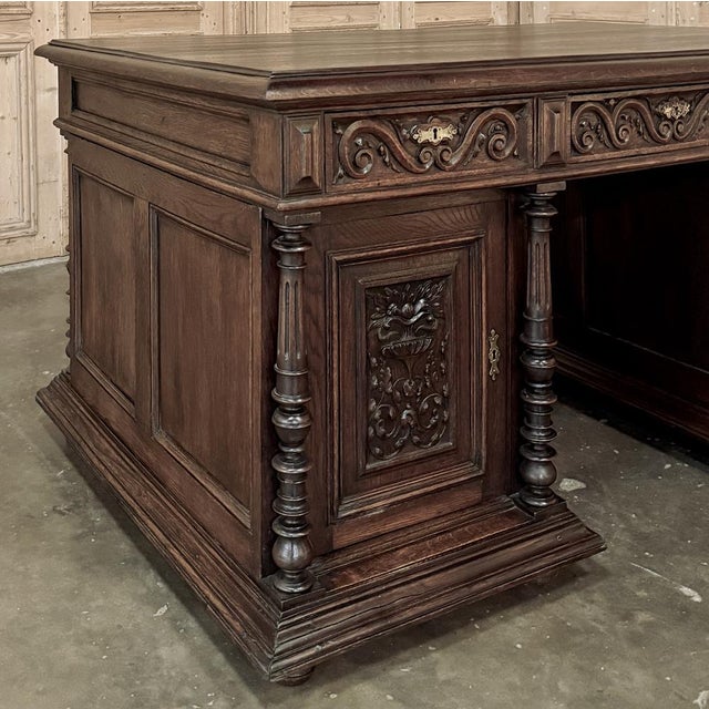 Burnt Umber Antique French Neoclassical Henri II Oak Partner's Desk For Sale - Image 8 of 14
