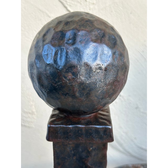 1920s Antique Hand Forged Hammered Iron Canon Ball Andirons- a Pair For Sale - Image 5 of 12