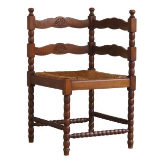 Vintage Corner Chair in Turned Wood with Carved Straw Seat For Sale