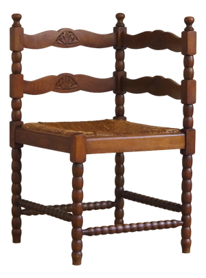 Vintage Corner Chair in Turned Wood with Carved Straw Seat
