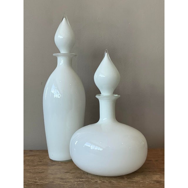 White Vintage Boho Blown Glass Decanters - Set of 2 For Sale - Image 8 of 8