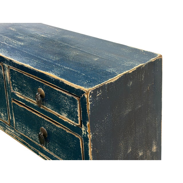 53" Distressed Dark Ink-Blue Drawers Narrow Console Credenza Table For Sale - Image 9 of 14