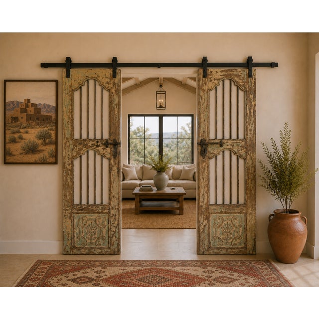 Layers of beautifully worn original paint give this Antique Indian Painted Teakwood Door an unmistakable sense of history...