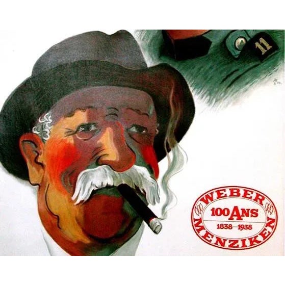 RARE SWISS vintage cigar poster; Weber Menziken. Artist Laubi, 1938 stone lithograph Line backed; excellent condition