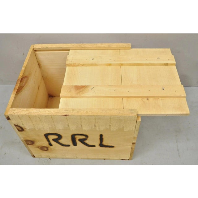 Late 20th Century RRL Wooden Sliding Lid Crate Ralph Lauren? Perishable Burn Mark Storage Box For Sale In Philadelphia - Image 6 of 12