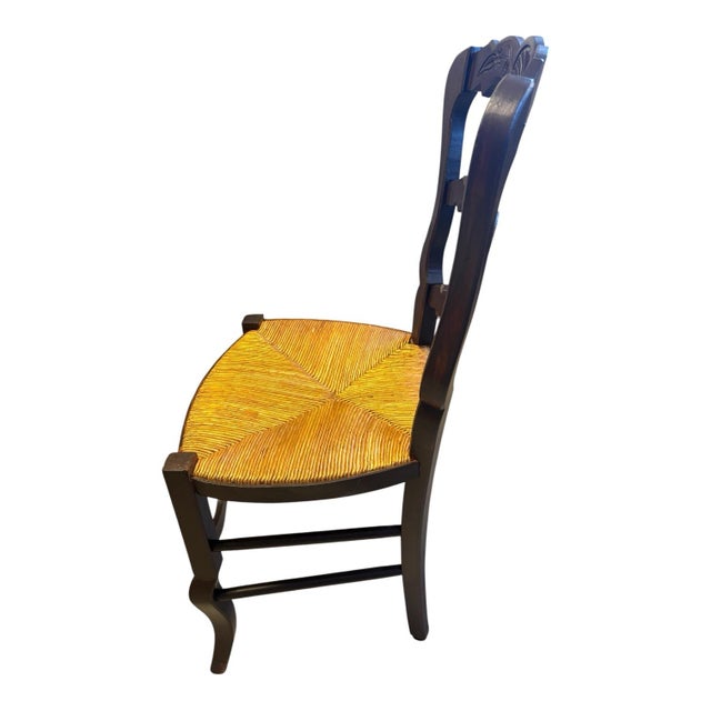 Wood Vintage French Country Carved Walnut-Tone Rush Seat Dining Chairs – Set of 6 For Sale - Image 7 of 11