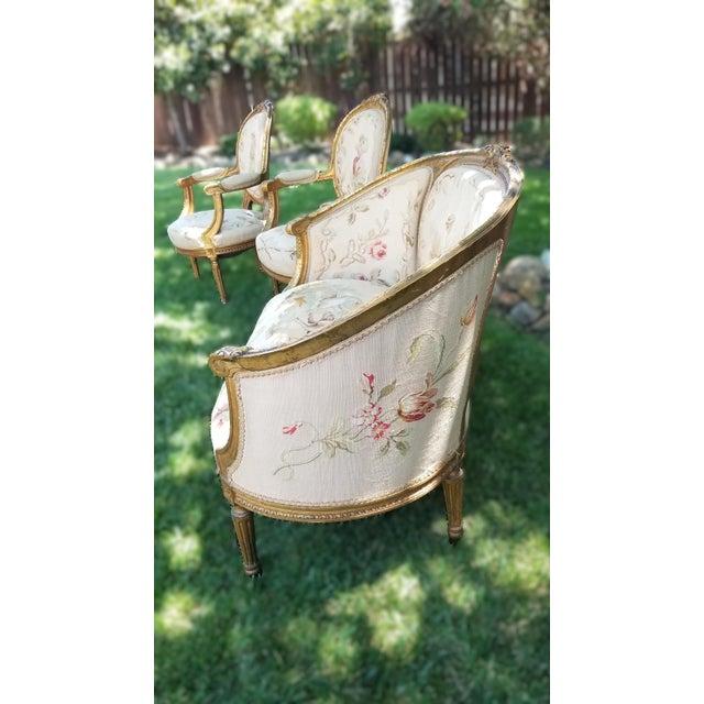 Late 19th C. Louis XVI Revival Giltwood Aubusson Tapestry Salon Suite | Canapé & Four Fauteuils For Sale - Image 14 of 18