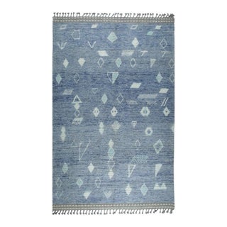 6x9 Blue Hand-Knotted Wool Faded Denim Texture Tribal Modern Carpet Rug For Sale