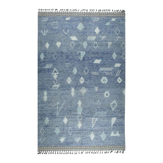 6x9 Blue Hand-Knotted Wool Faded Denim Texture Tribal Modern Carpet Rug For Sale