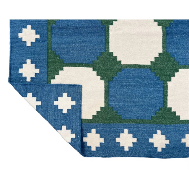 Casa Cosima Handmade Woolen Flat Weave Tile Patterned Sky Blue and Forest Green Area Rug - 10'x14' For Sale - Image 4 of 10