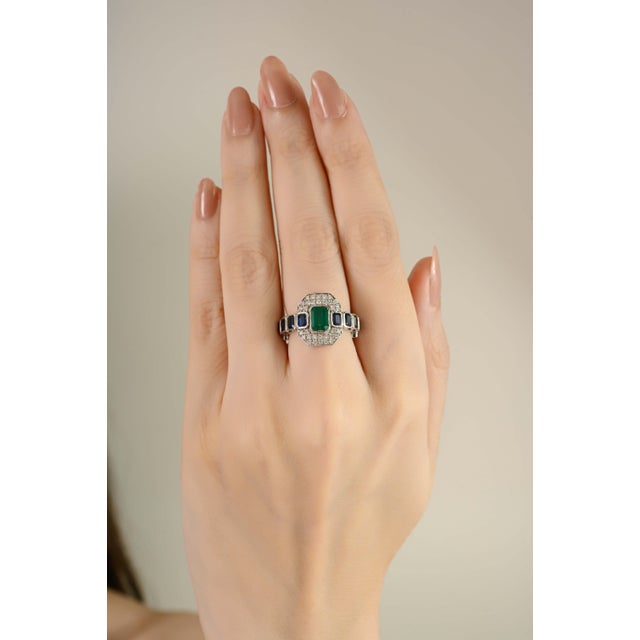 Metal 14k Gold Step Cut East West Accent Gem Art Deco Statement Ring Size 6 For Sale - Image 7 of 14