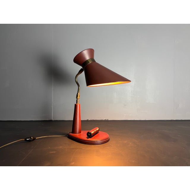Gold Mid-Century French Red Leather Wrapped Desk Lamp attributed to Jacques Adnet, 1950s For Sale - Image 8 of 18