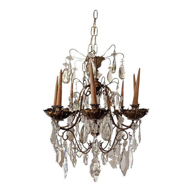 Maison Jansen Eight-Light Crystal and Gilded Bronze Chandelier, French Ca. 1950 For Sale