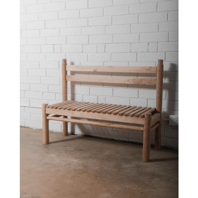 Rustic Lodge Style Solid Wood Slatted Bench With Log Frame and Natural Finish For Sale - Image 4 of 5