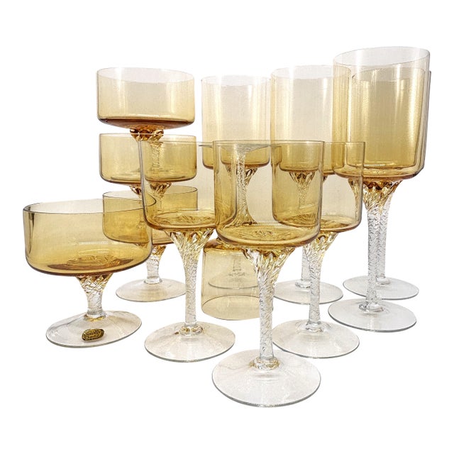 1960s Mid-Century Modern Bohemia Crystal Amber Stemware Service for Four - 12 Pieces For Sale