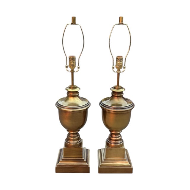 Brass Vintage French Empire Style Gold Brass Metal Urn Form Table Lamps - A Pair For Sale - Image 8 of 8