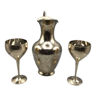 Vintage Handmade Brass Pitcher and 2 Hand Pounded Brass Wine/Water Goblets-Set of 3 For Sale