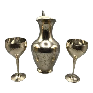 Vintage Handmade Brass Pitcher and 2 Hand Pounded Brass Wine/Water Goblets-Set of 3