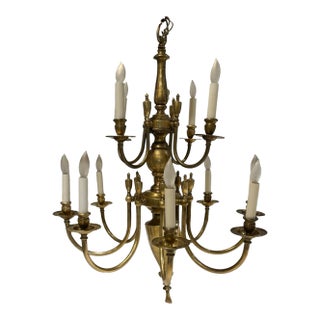 Large Twelve-Light Solid Brass Chandelier For Sale