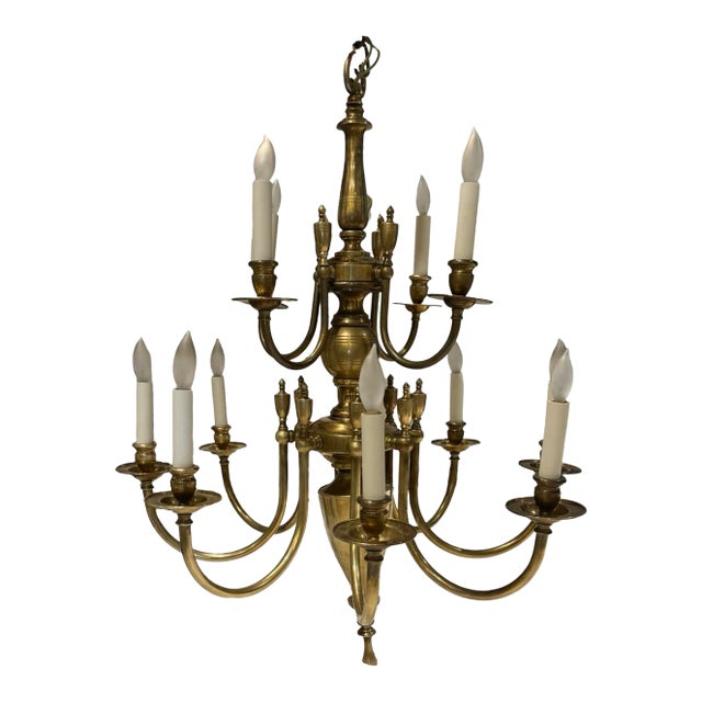 Large Twelve-Light Solid Brass Chandelier For Sale