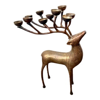 Vintage Williams Sonoma Candelabra Brass Deer Votive Candle Holder Reindeer 20” For Sale